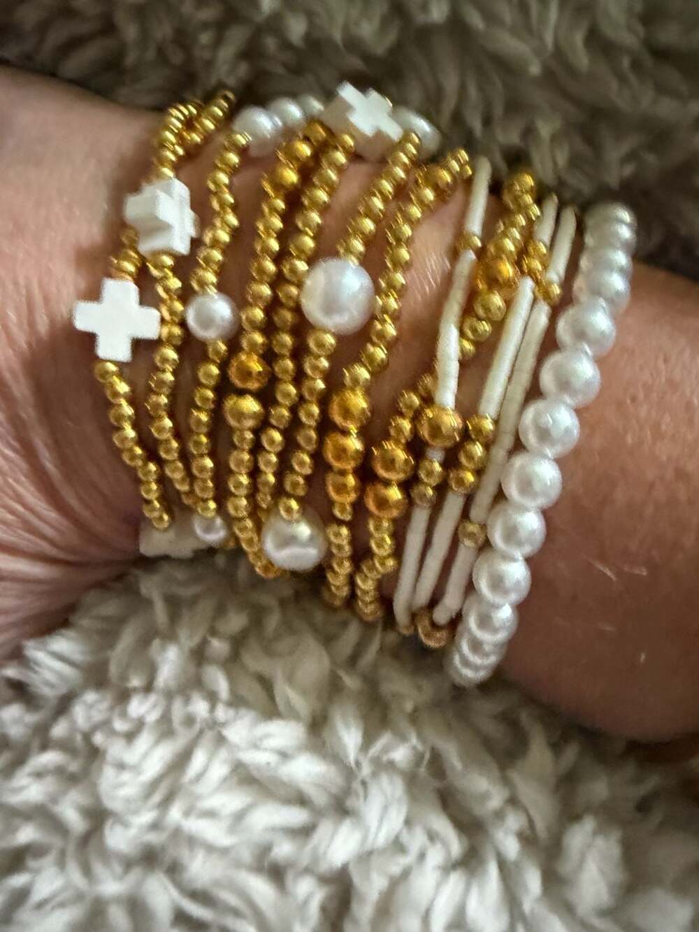 EeNEWTON  12 Gold Beaded and Pearl Stretch Bracelet Stack OF 12 with Cross Charm